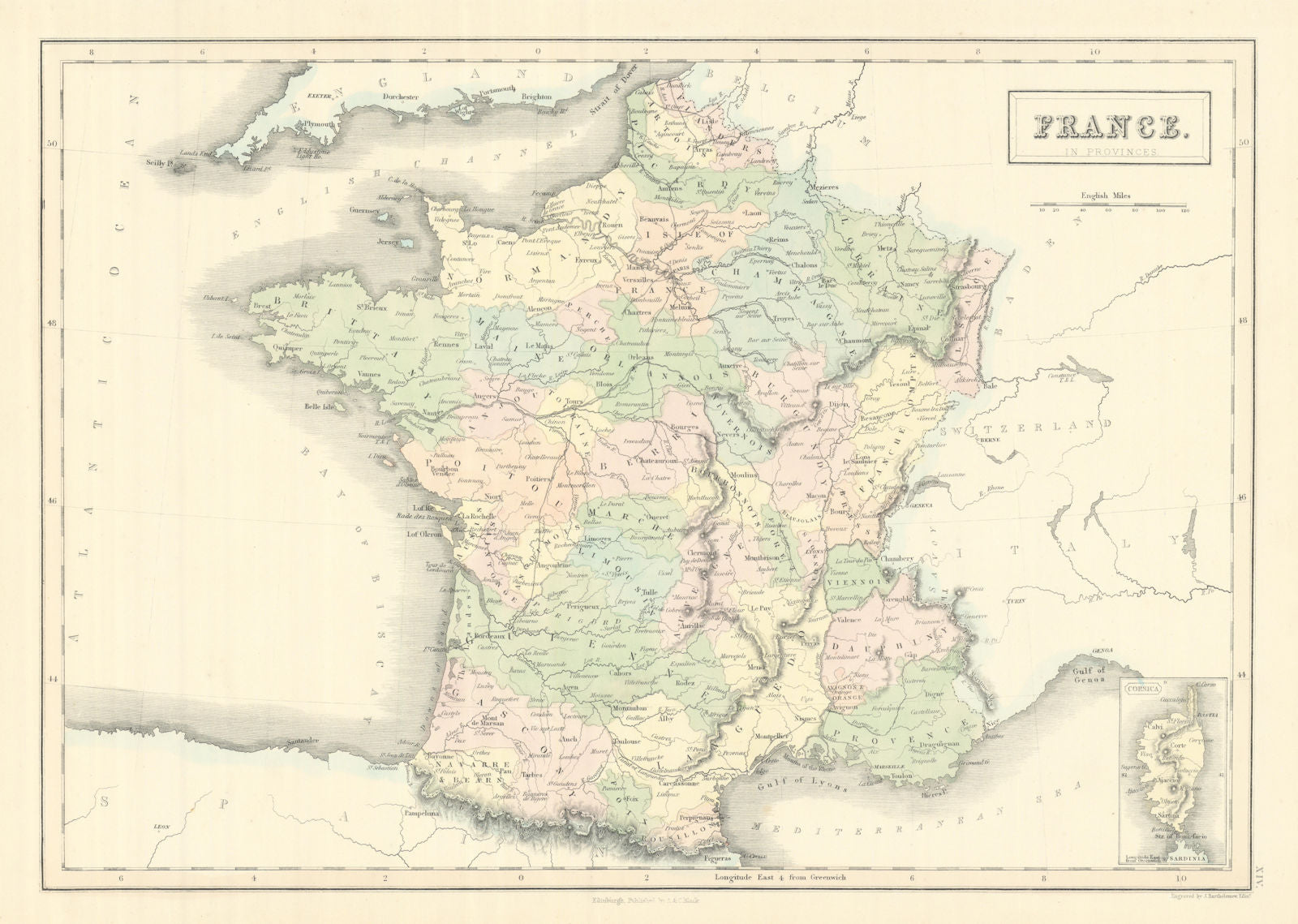 France in provinces showing railways. JOHN BARTHOLOMEW 1854 old antique map